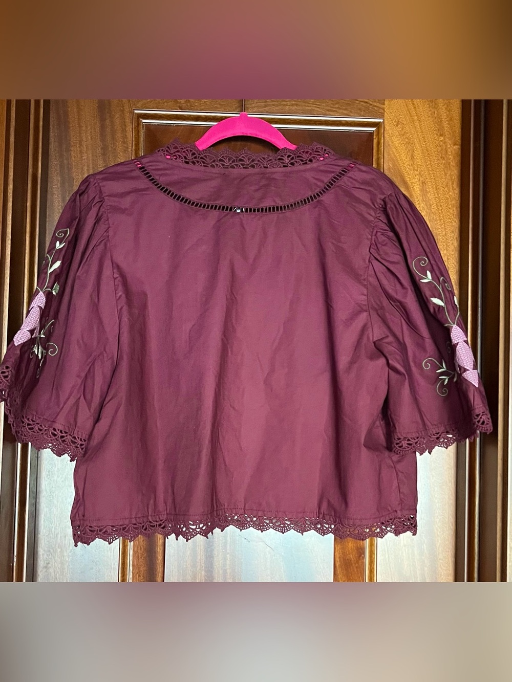 Jennifer & Grace Burgundy New Maroon Cross Stitch Embroidery Top L (Sezane - Picture 3 of 6